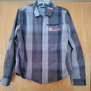 Men's Red Bull Black and Gray Plaid Casual Shirt, L